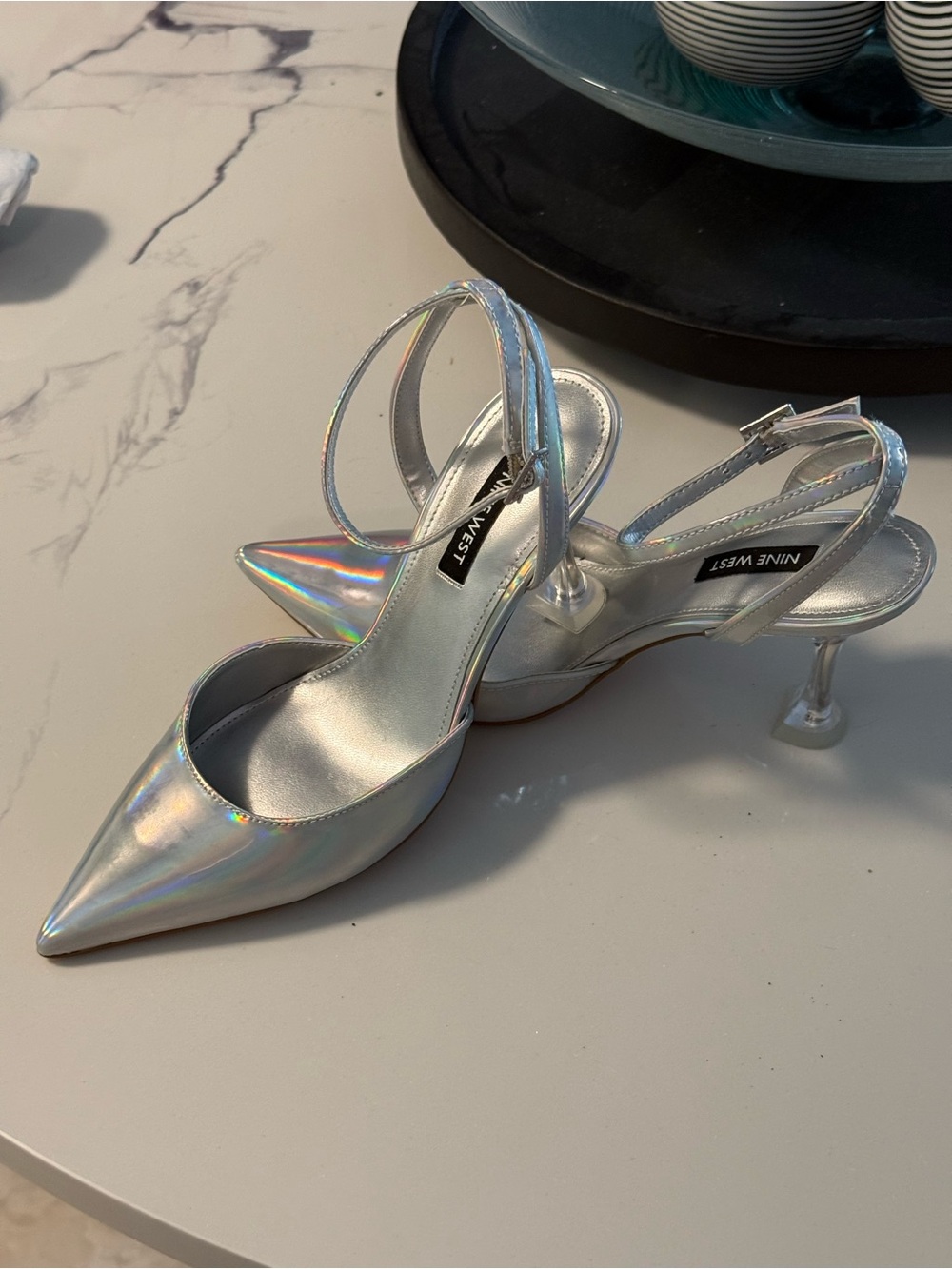 Nine West Iridescent Silver Pointed-Toe Slingback Heels - Picture 3 of 6